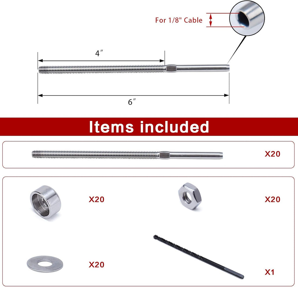 20Pack T316 Stainless Steel Cable Railing Kit End Fitting Terminal F32685