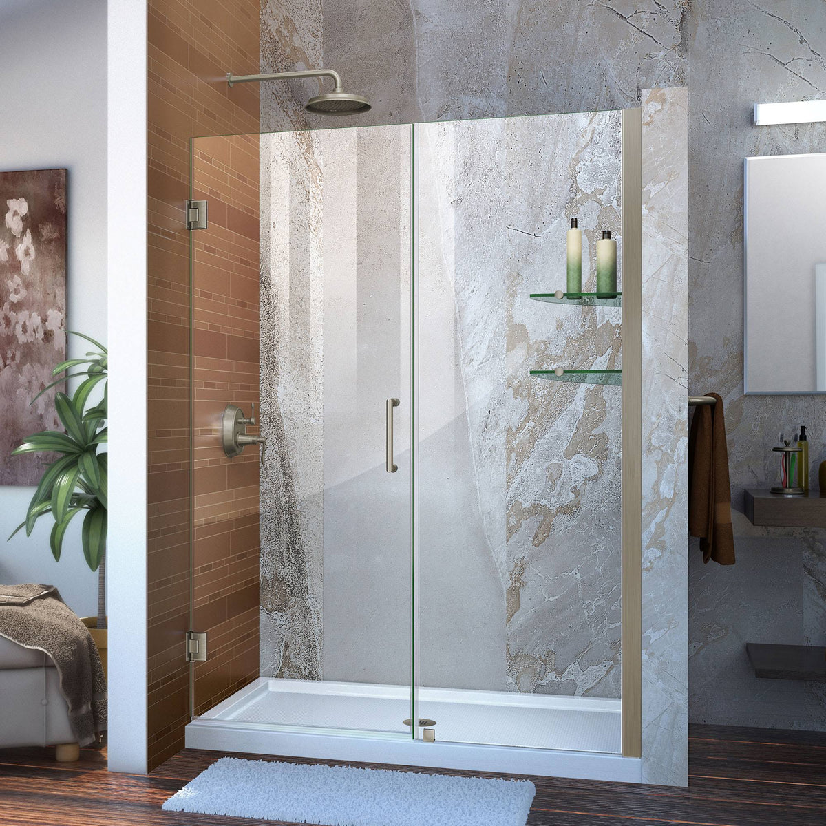 Frameless Hinged Shower Door with Shelves Brushed Nickel Y185294