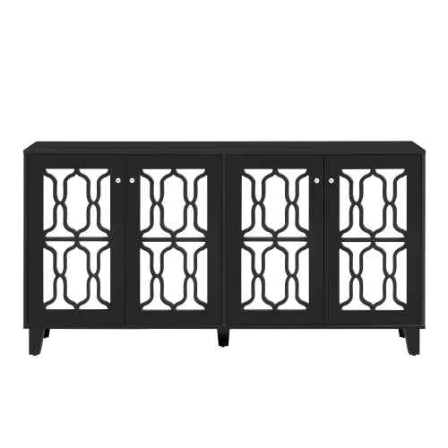Black 4-Door Mirror Hollow-Carved Buffet Cabinet with Adjustable Shelves W9644