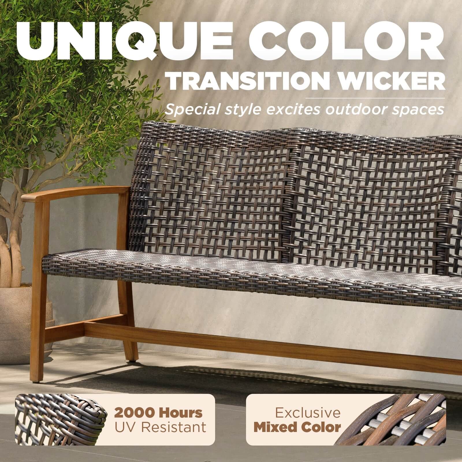 Teak Finish Acacia Patio Wicker Sofa Couch T40949