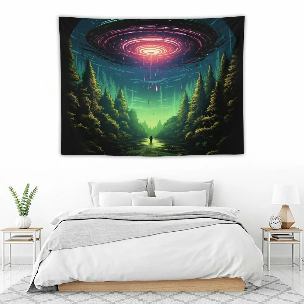 Funny UFO Alien Blue Purple Space Starry Sky Tapestry Wall Hanging R678476