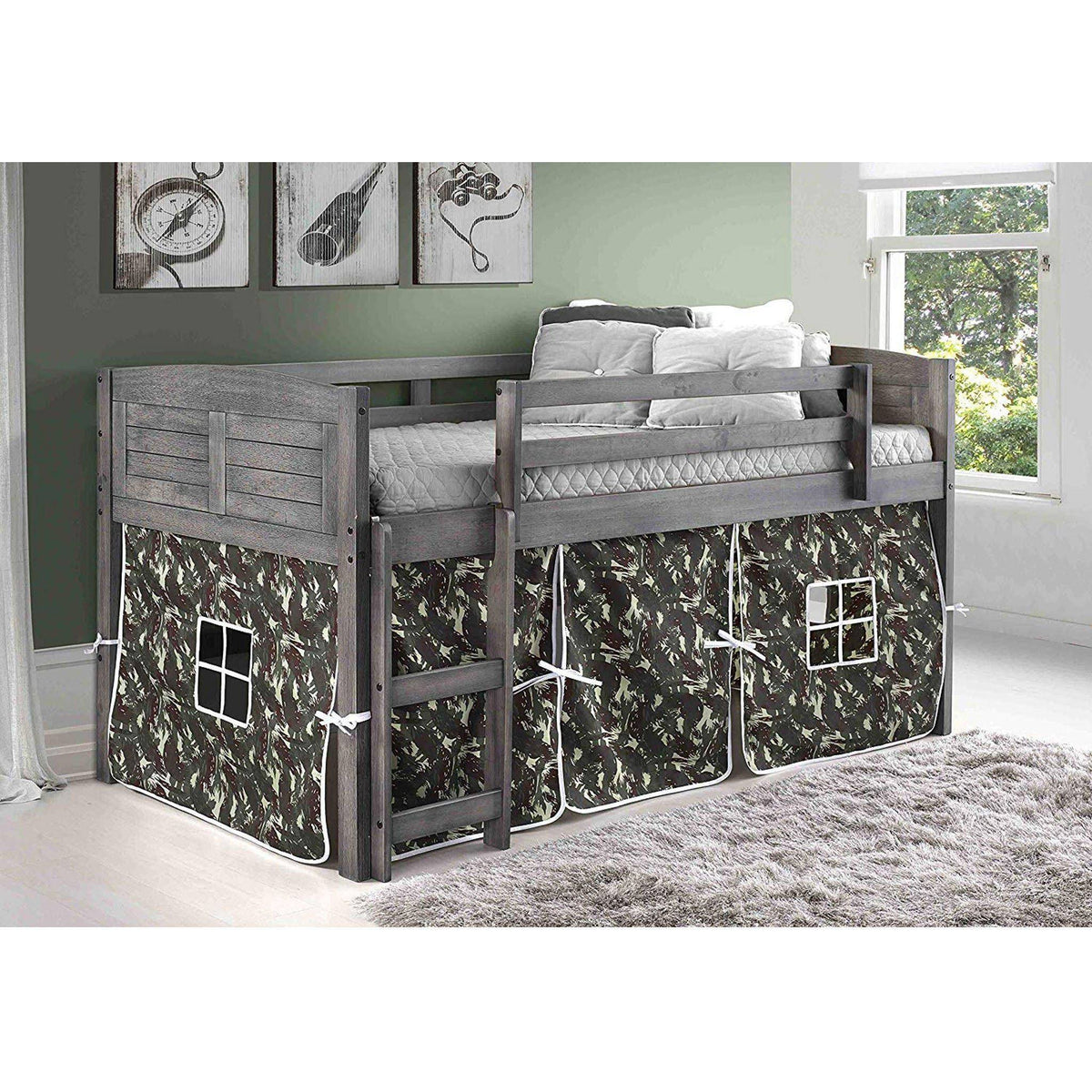 Antique Grey Twin Low Loft Bed with Camo Tent Z311