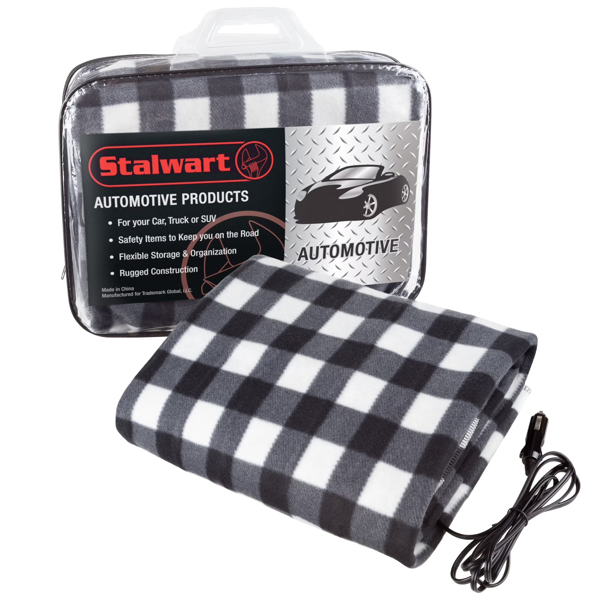 Black and White Heated 12V Polar Fleece Travel Throw V9962