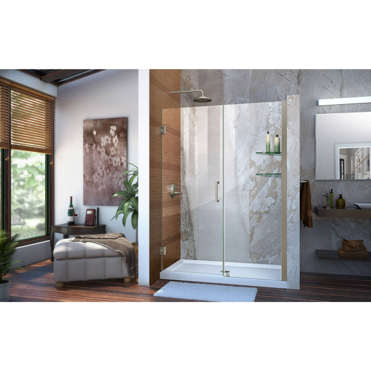 Frameless Hinged Shower Door with Shelves Brushed Nickel Y185294