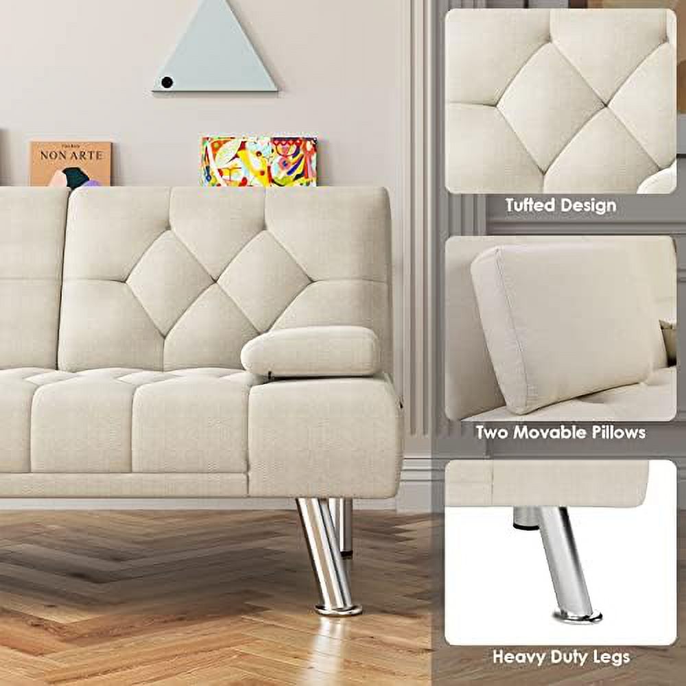 Dark Grey Upholstered Convertible Futon Sofa Bed with Metal Legs P141078