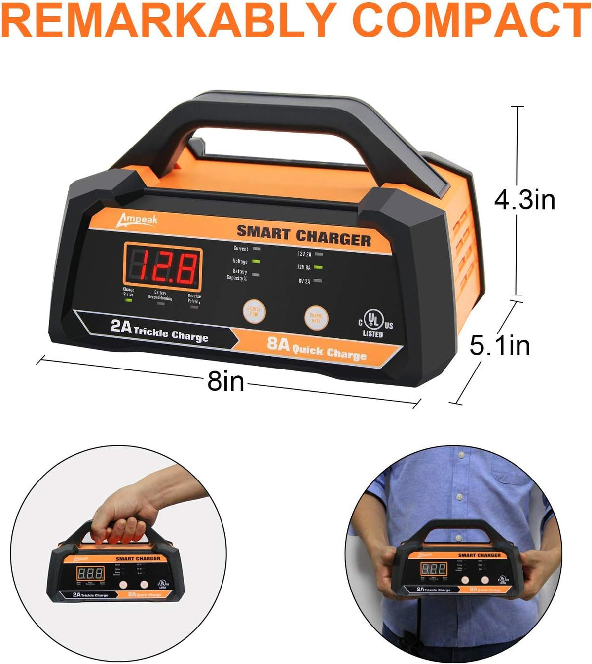 6V 12V Smart Car Battery Charger and Maintainer 2A 8A with Cable Clamps S7182