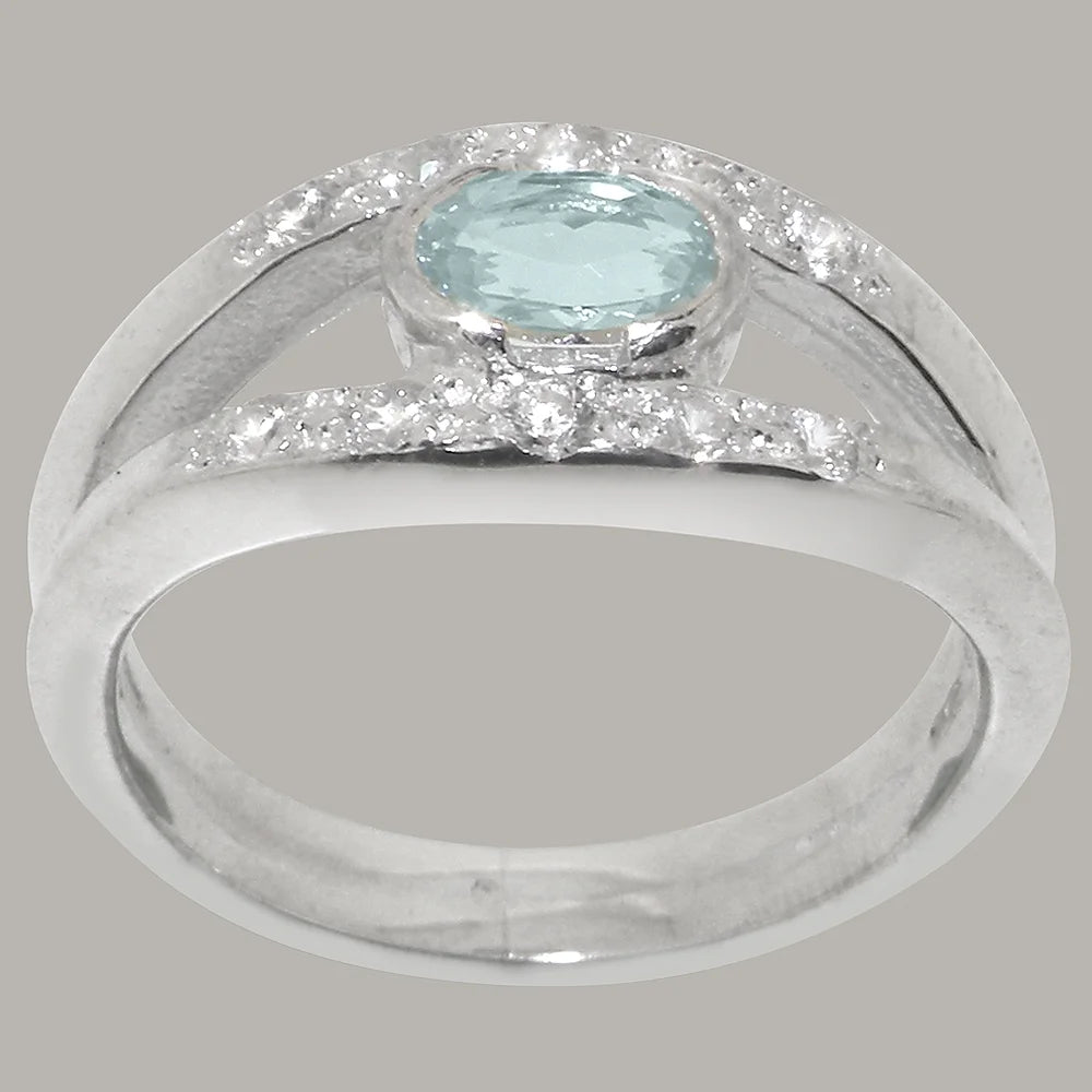 925 Sterling Silver Aquamarine & Diamond Engagement Ring A8971