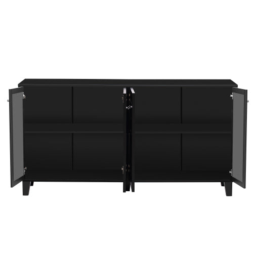 Black 4-Door Mirror Hollow-Carved Buffet Cabinet with Adjustable Shelves W9644