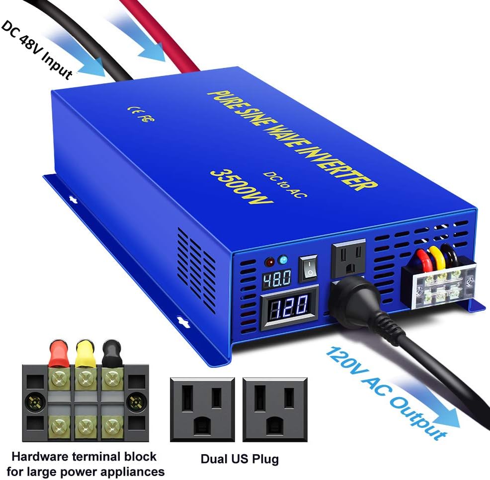 Pure Sine Wave Inverter 3500W 48V to 110V 120V AC with LED Display 2 AC Outlets B973