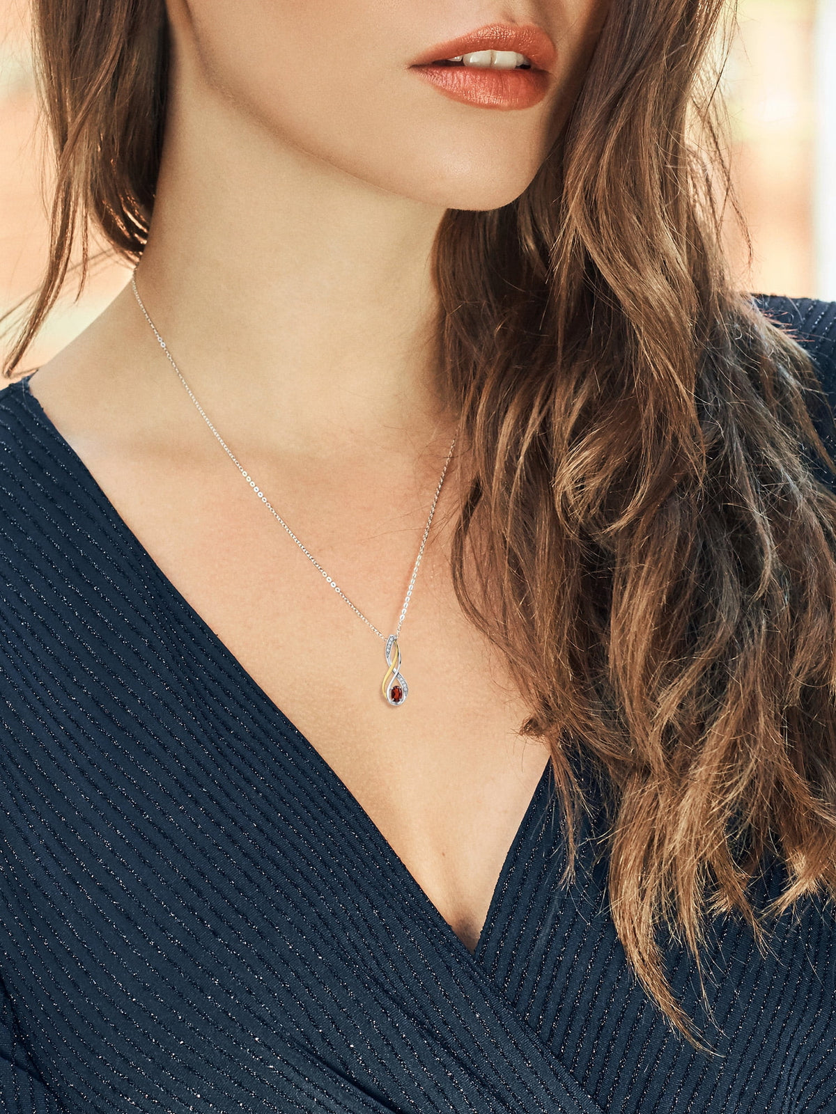 10K Yellow Gold and 925 Sterling Silver Red Garnet and White Lab Grown Diamond Pendant Necklace H907204