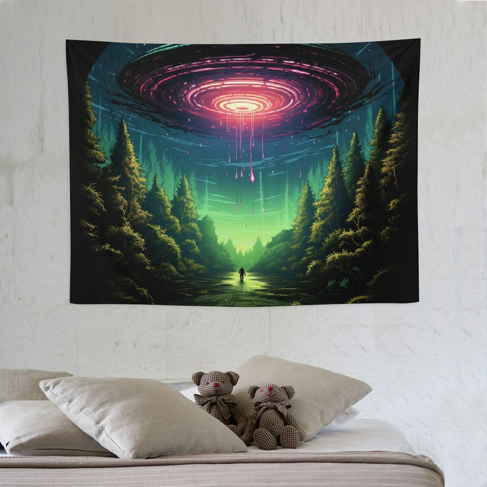 Funny UFO Alien Blue Purple Space Starry Sky Tapestry Wall Hanging R678476