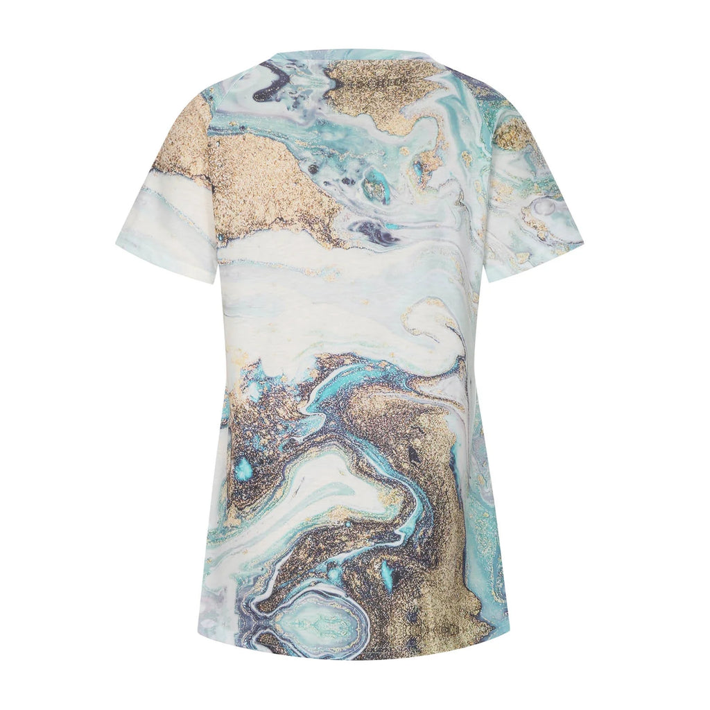 Abstract Marble Print T-Shirt Short Sleeve Blouse Loose Flowy Long Tees Plus Size W286