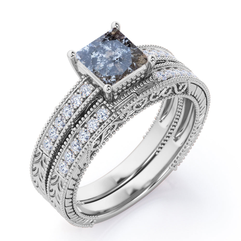 1 Carat Princess Cut Gray Salt and Pepper Diamond Bridal Set in 18K White Gold Plating over Silver L34150