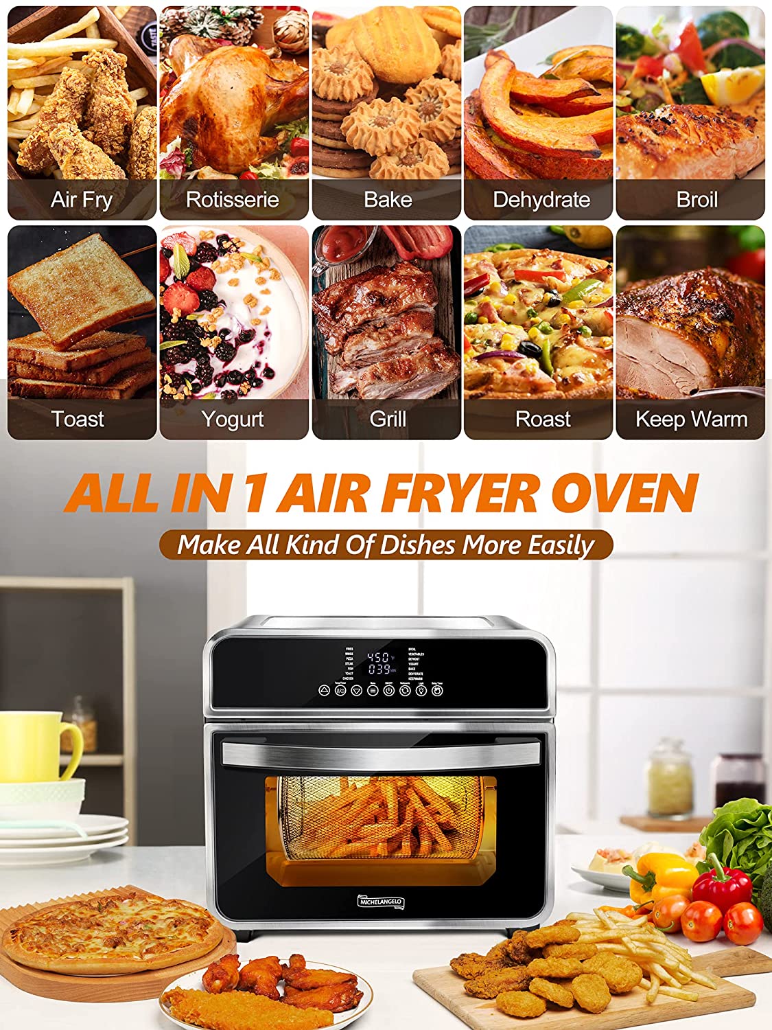 15-In-1 16 Quart Air Fryer Toaster Oven with 7 Accessories B502