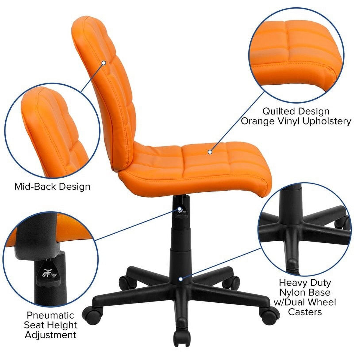 Orange Vinyl Quilted/Nylon Mid-Back Office Chair U962