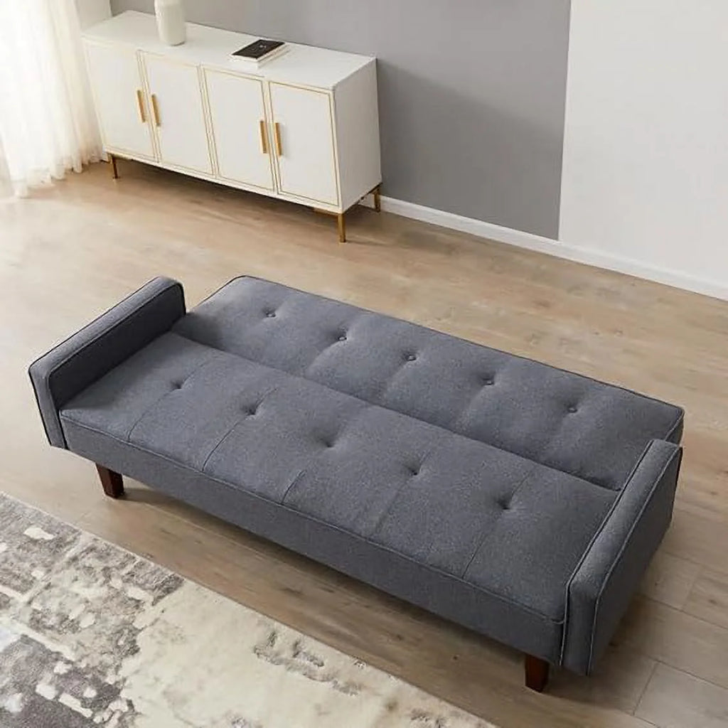 Dark Grey 3-Seat Linen Sofa Bed with 4 Solid Wood Legs O75853