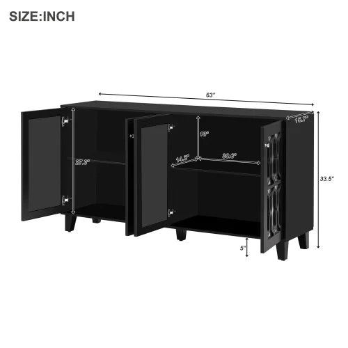 Black 4-Door Mirror Hollow-Carved Buffet Cabinet with Adjustable Shelves W9644