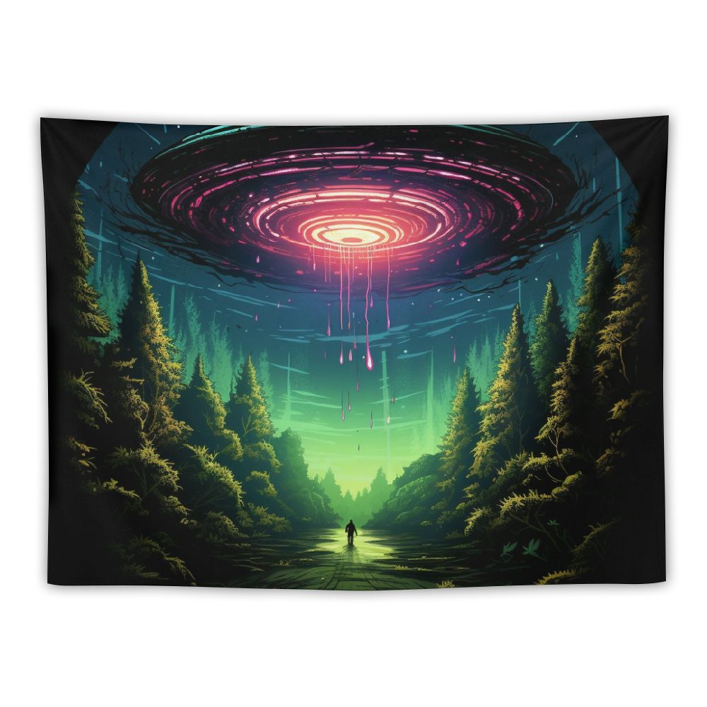 Funny UFO Alien Blue Purple Space Starry Sky Tapestry Wall Hanging R678476