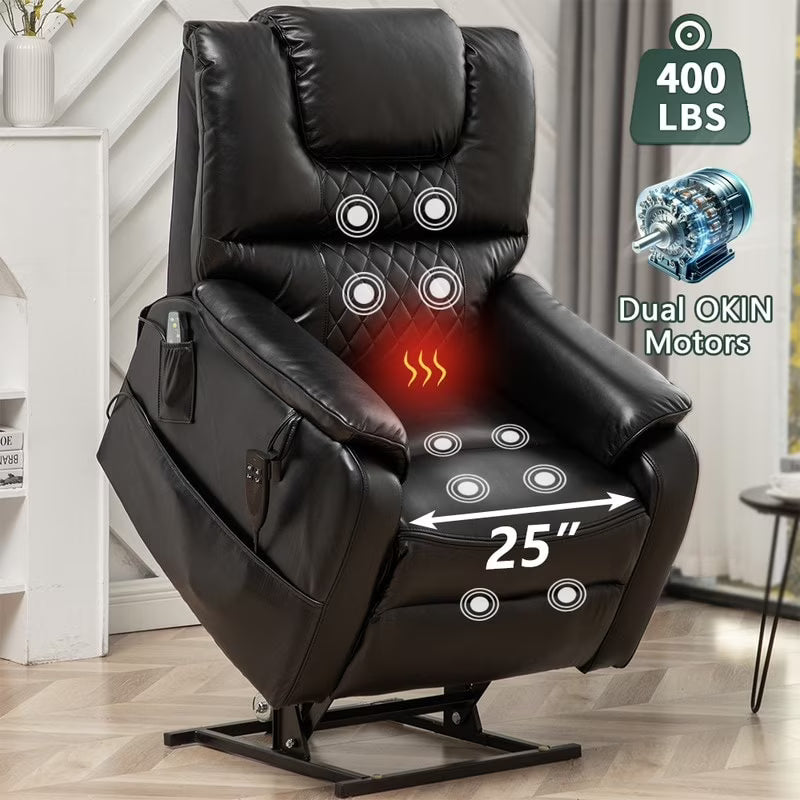 Oversized Dual Motor Lift Recliner Chair with Massage, Heating System Black W25766