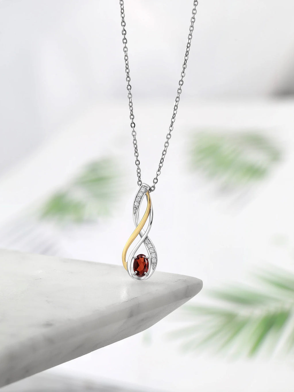 10K Yellow Gold and 925 Sterling Silver Red Garnet and White Lab Grown Diamond Pendant Necklace H907204