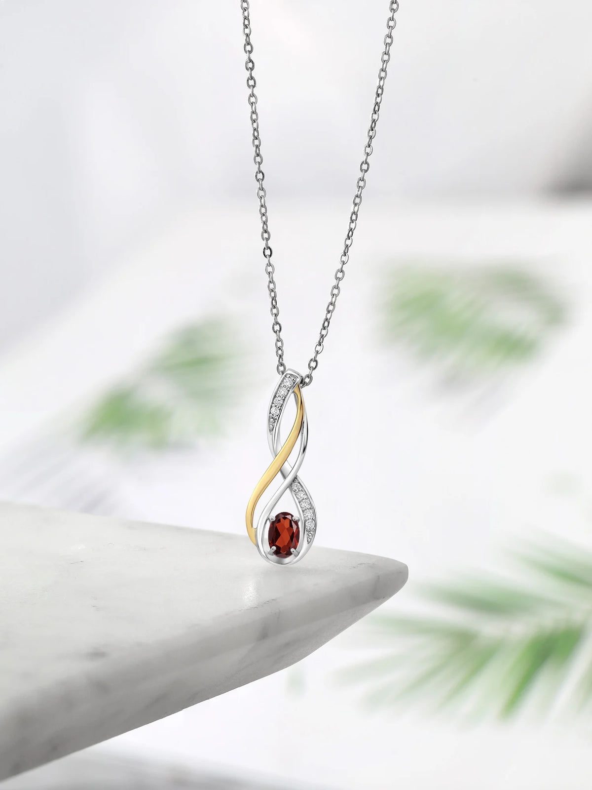 10K Yellow Gold and 925 Sterling Silver Red Garnet and White Lab Grown Diamond Pendant Necklace H907204