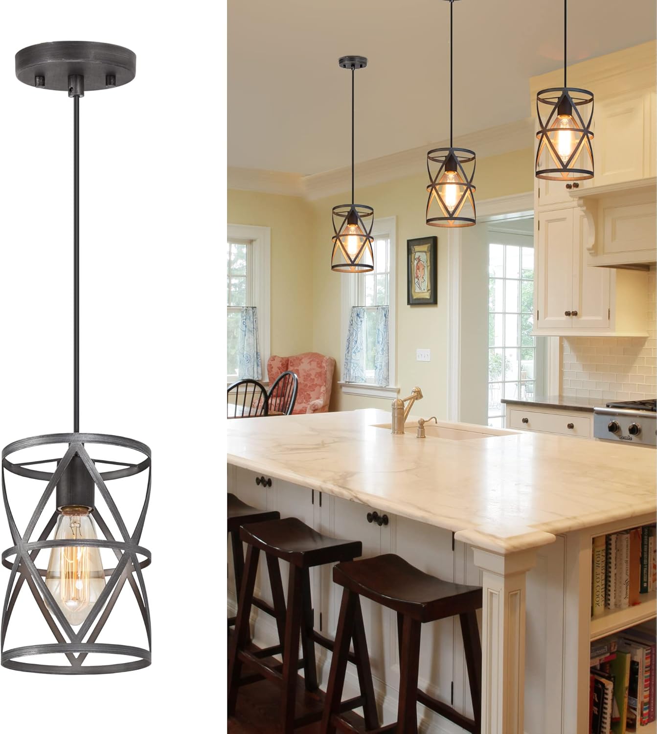 Farmhouse Pendant Lighting, Modern Industrial Cage Light Fixture, Brushed Antique Silver Finish L9903