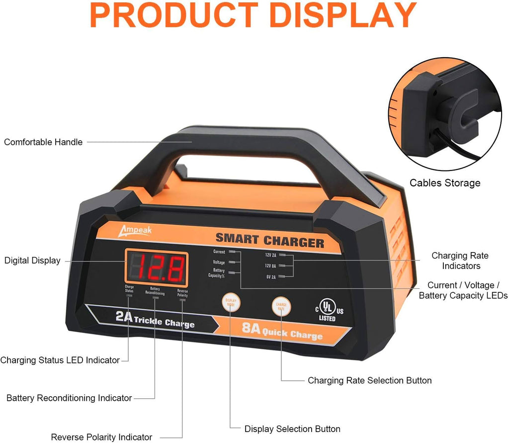 6V 12V Smart Car Battery Charger and Maintainer 2A 8A with Cable Clamps S7182