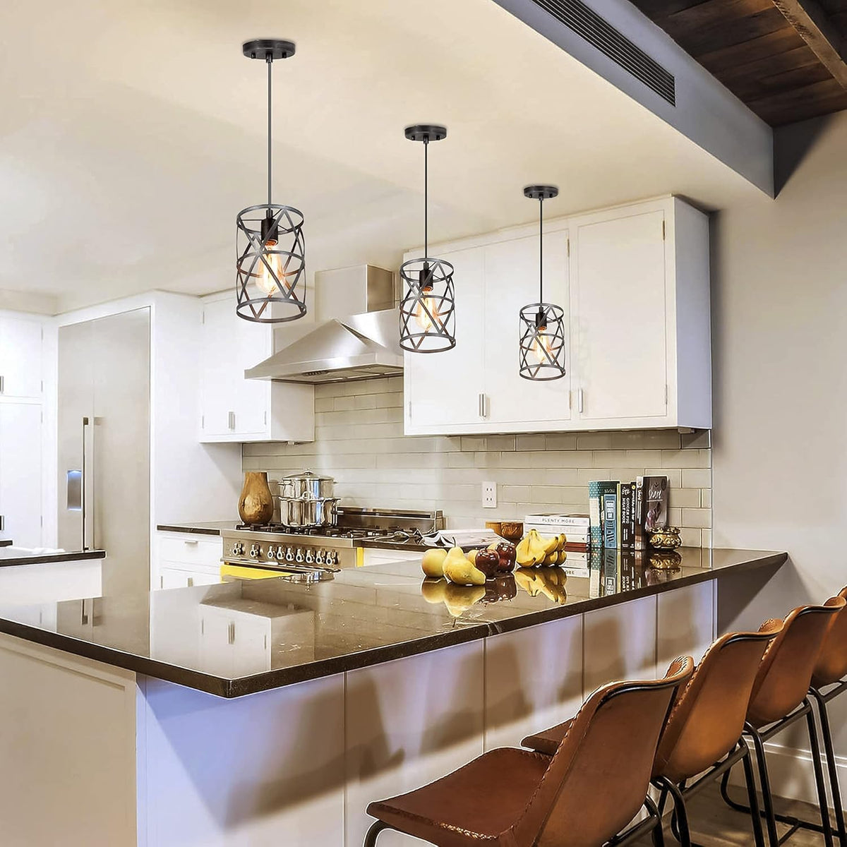 Farmhouse Pendant Lighting, Modern Industrial Cage Light Fixture, Brushed Antique Silver Finish L9903