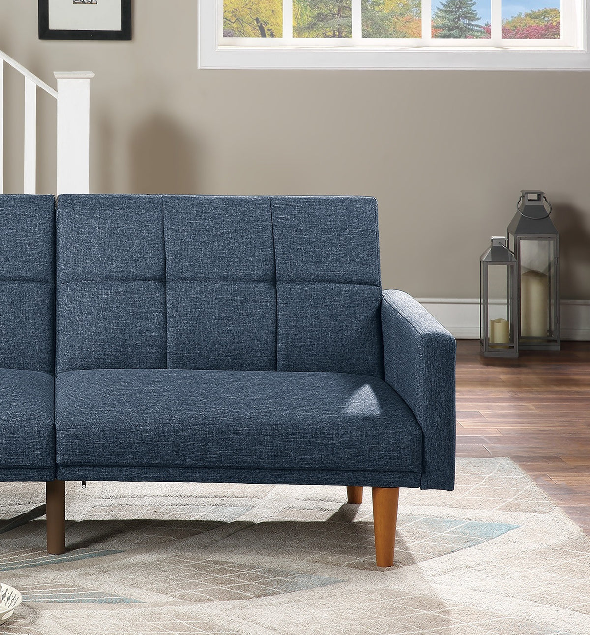 Navy Polyfiber Convertible Sofa Bed with Wooden Legs D99589