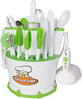 30-Piece White/Green Plastic Cookware Set with Real Utensils H24812