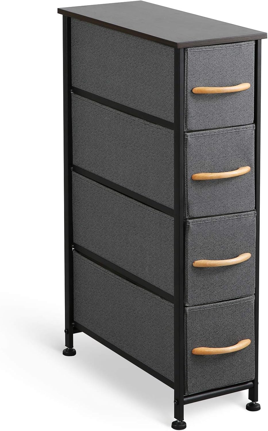 Black Vertical Dresser with 4 Drawers, Steel Frame, Wood Top, Fabric Bins A1032