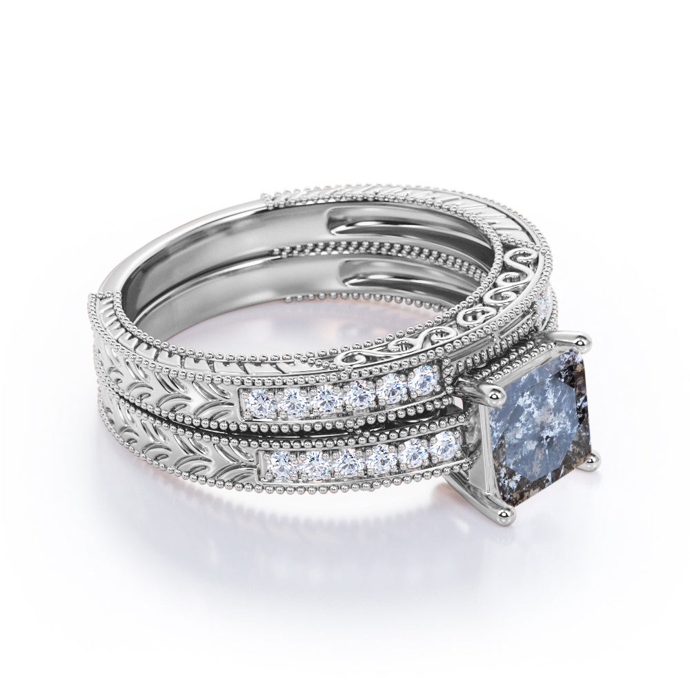 1 Carat Princess Cut Gray Salt and Pepper Diamond Bridal Set in 18K White Gold Plating over Silver L34150