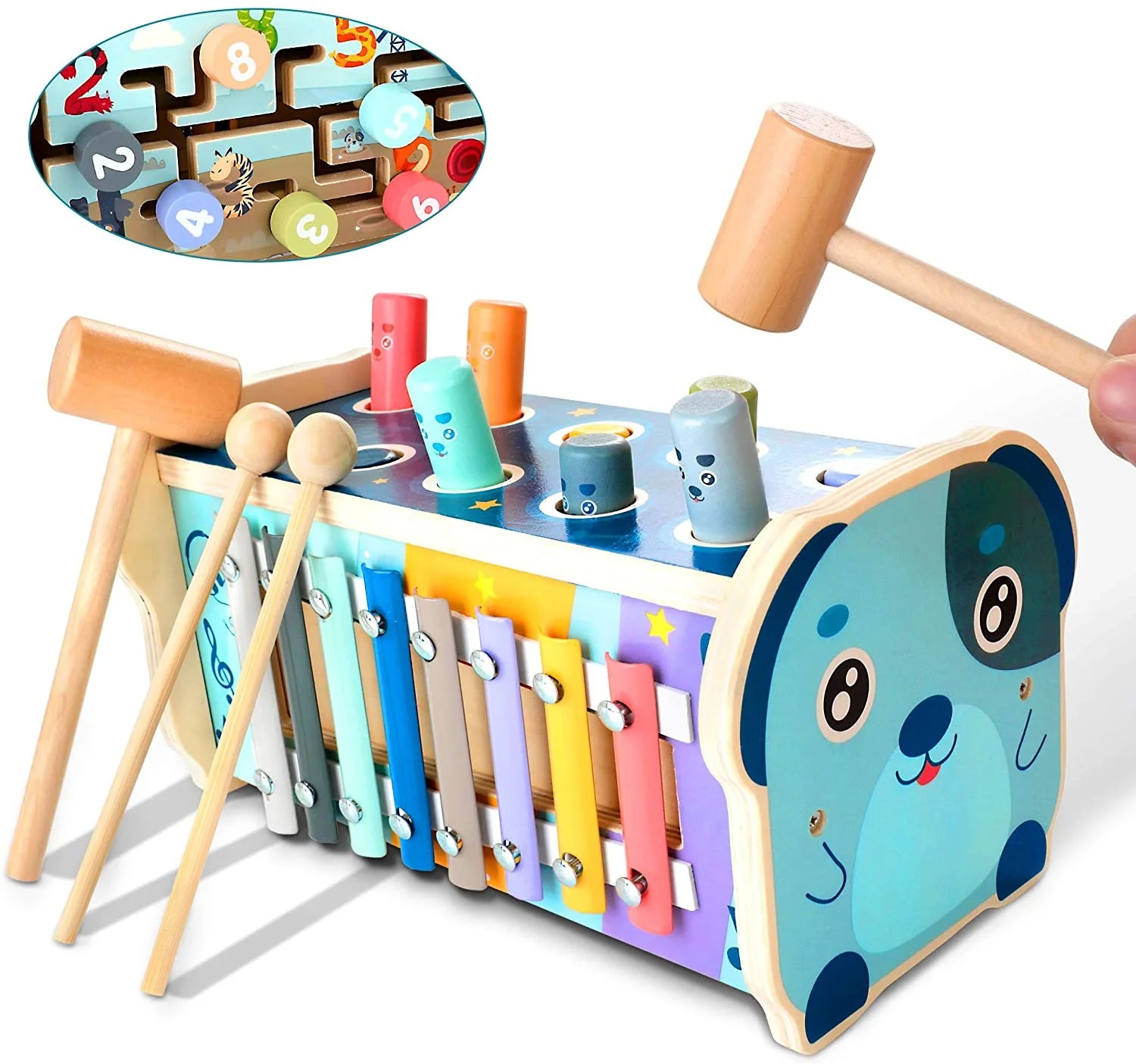 Wooden Hammering Pounding Toy with Pounding Bench, Xylophone, Number Sorting Maze E4157
