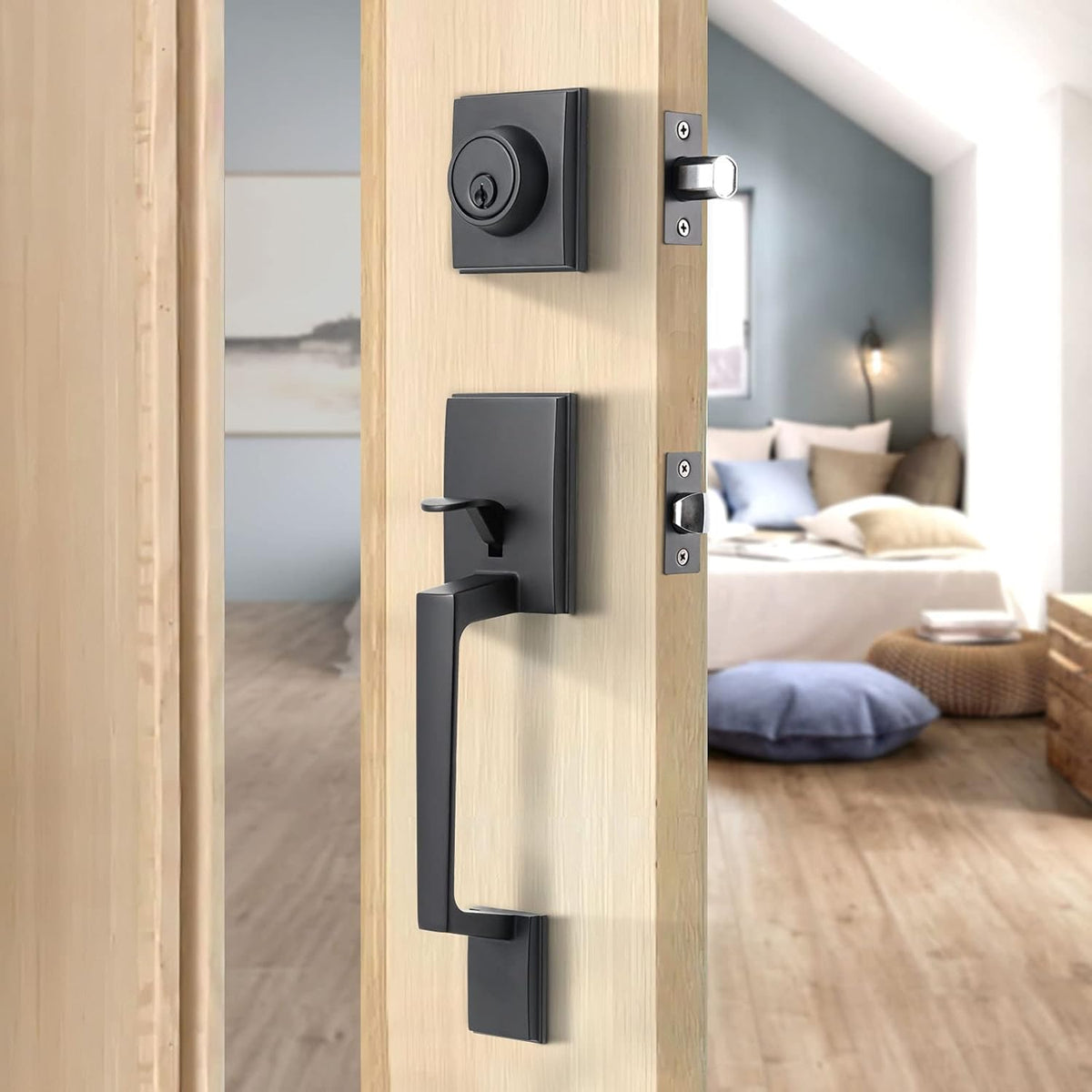 Satin Nickel Double Door Lock Set with Deadbolt and Lever Handle M1114