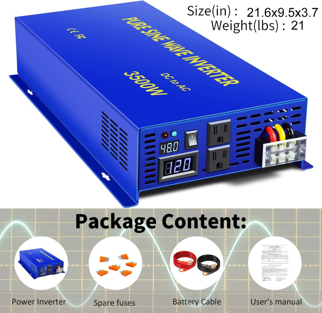 Pure Sine Wave Inverter 3500W 48V to 110V 120V AC with LED Display 2 AC Outlets B973