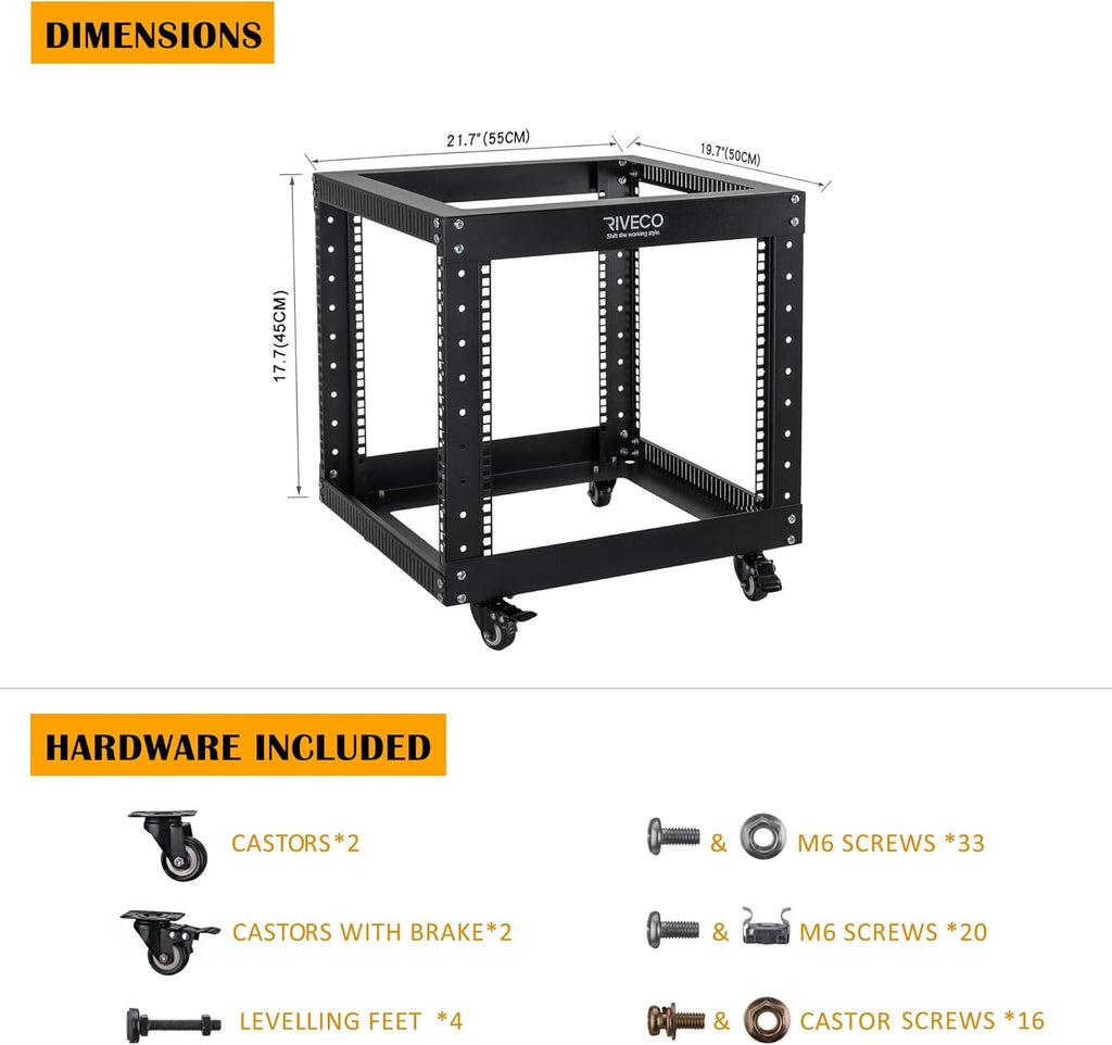 18U 4 Post Open Frame Server Rack with Brake Casters Black Q697888