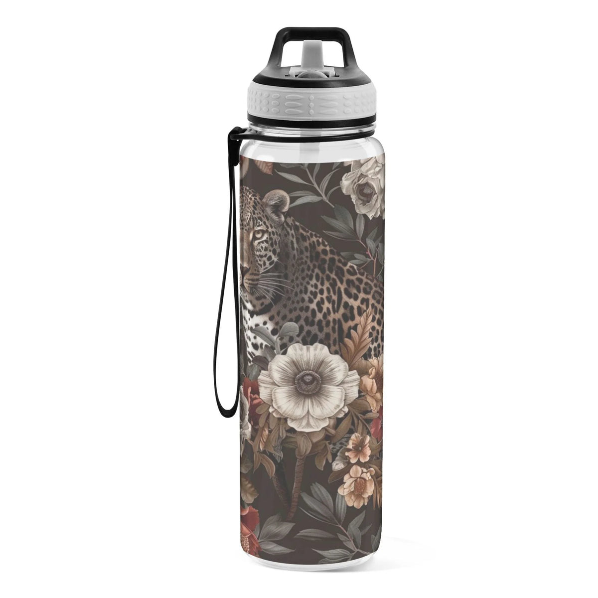Leopard in Flowers 32oz Tritan Sports Water Bottle with Straw C30249
