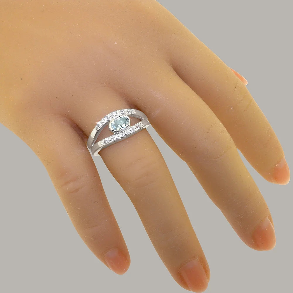 925 Sterling Silver Aquamarine & Diamond Engagement Ring A8971