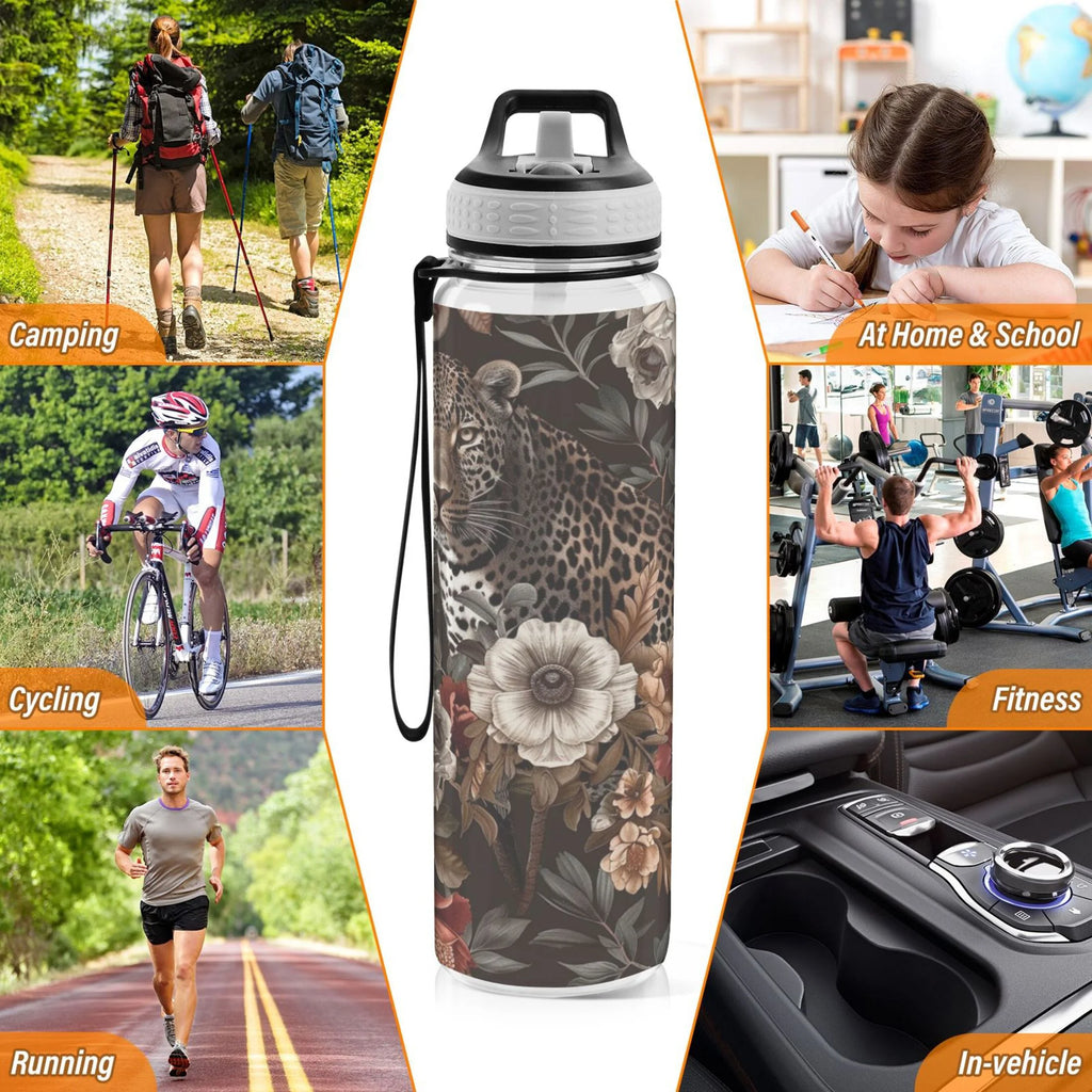 Leopard in Flowers 32oz Tritan Sports Water Bottle with Straw C30249