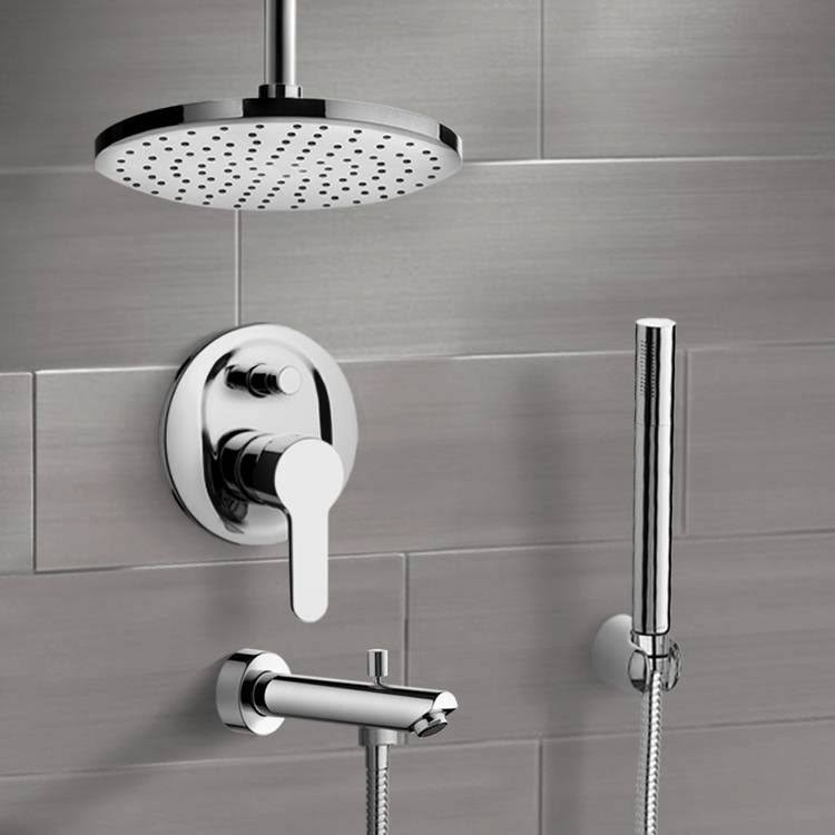 Chrome Tub and Shower Faucet Set with Rain Ceiling Shower Head and Hand Shower X1442