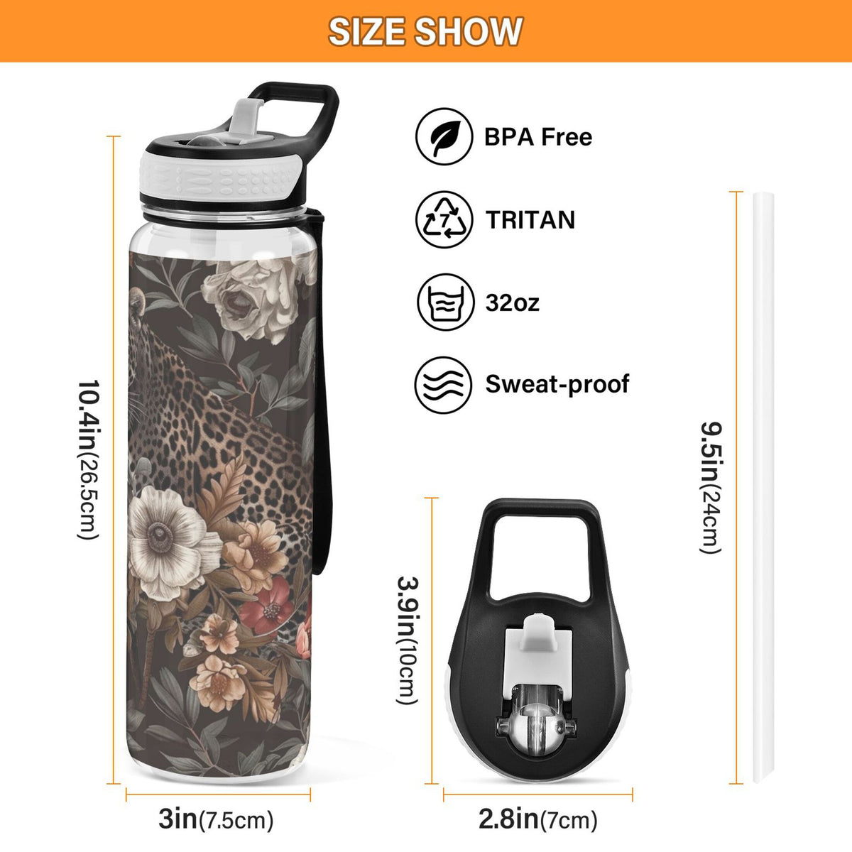 Leopard in Flowers 32oz Tritan Sports Water Bottle with Straw C30249