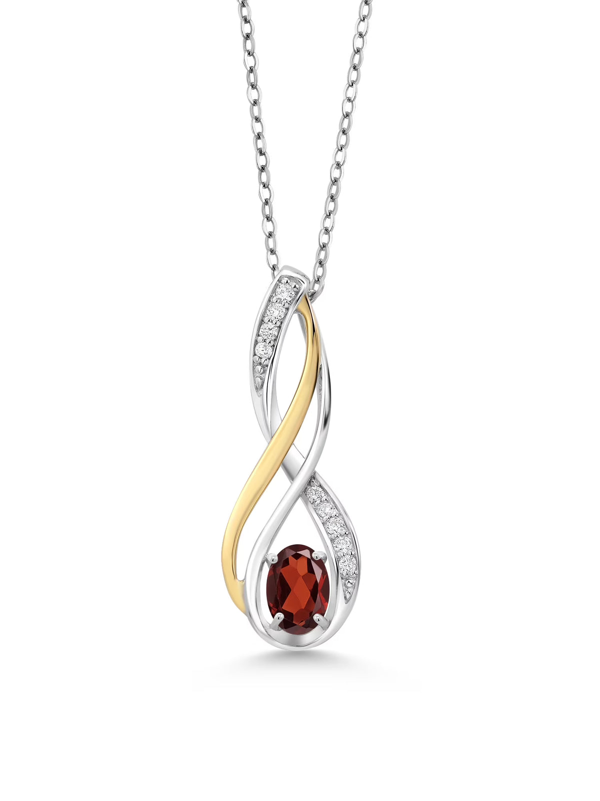 10K Yellow Gold and 925 Sterling Silver Red Garnet and White Lab Grown Diamond Pendant Necklace H907204