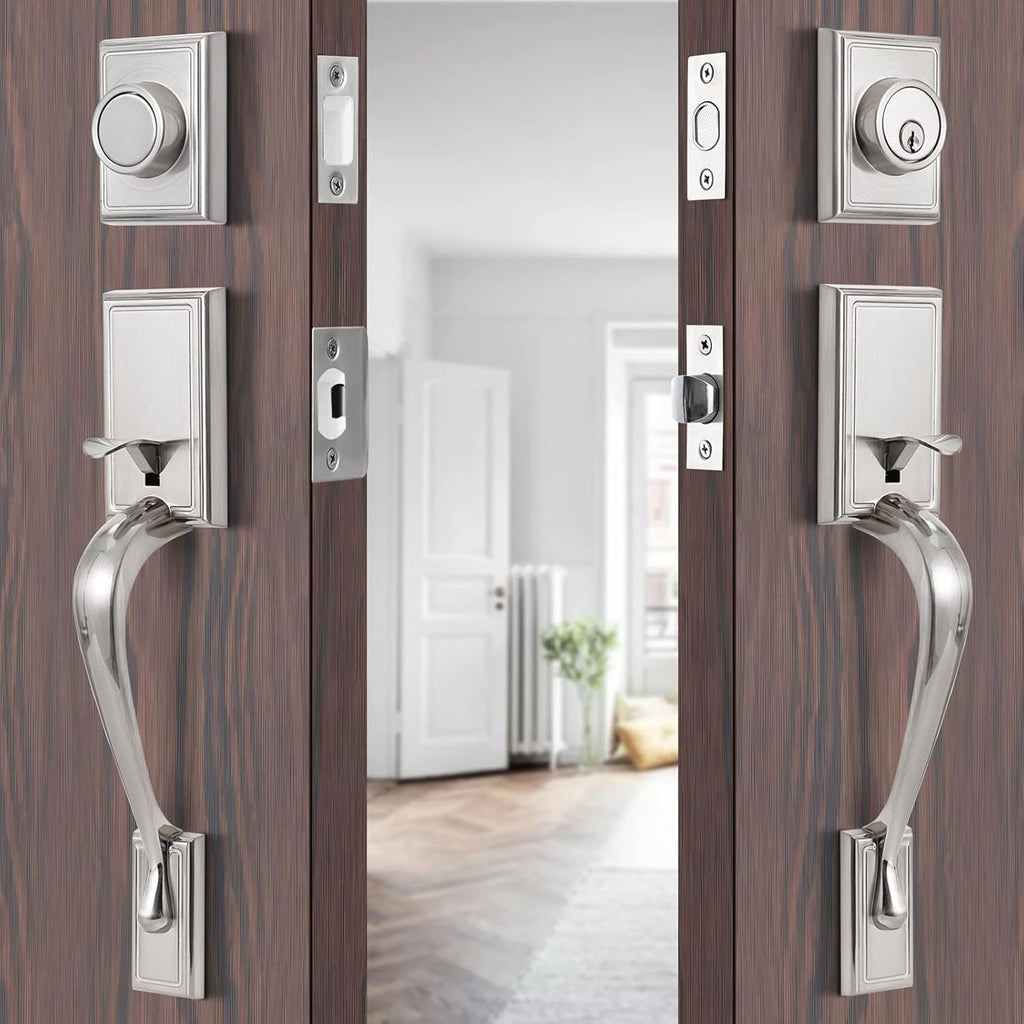 Satin Nickel Double Door Lock Set with Deadbolt and Lever Handle M1114