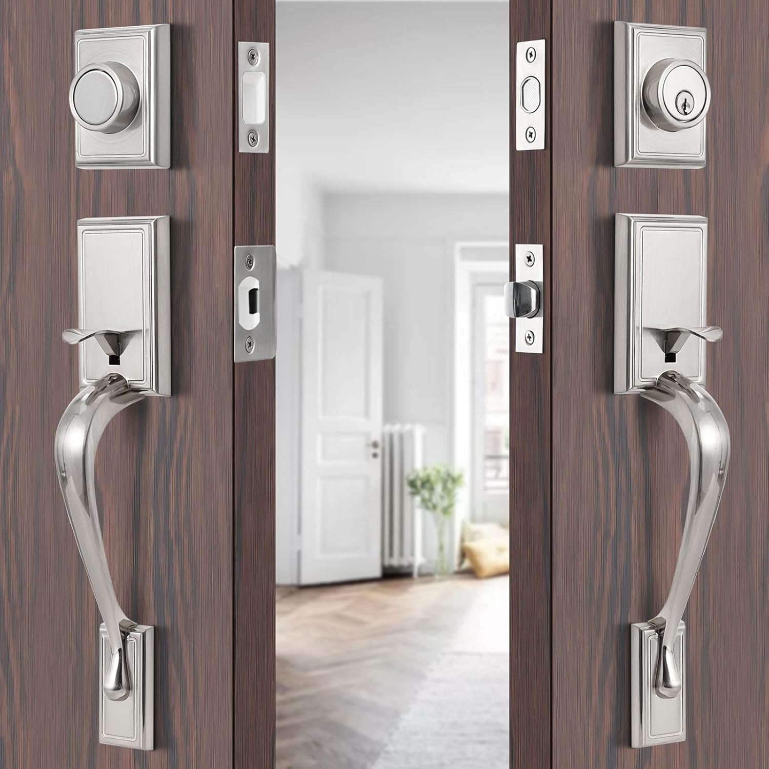 Satin Nickel Double Door Lock Set with Deadbolt and Lever Handle M1114