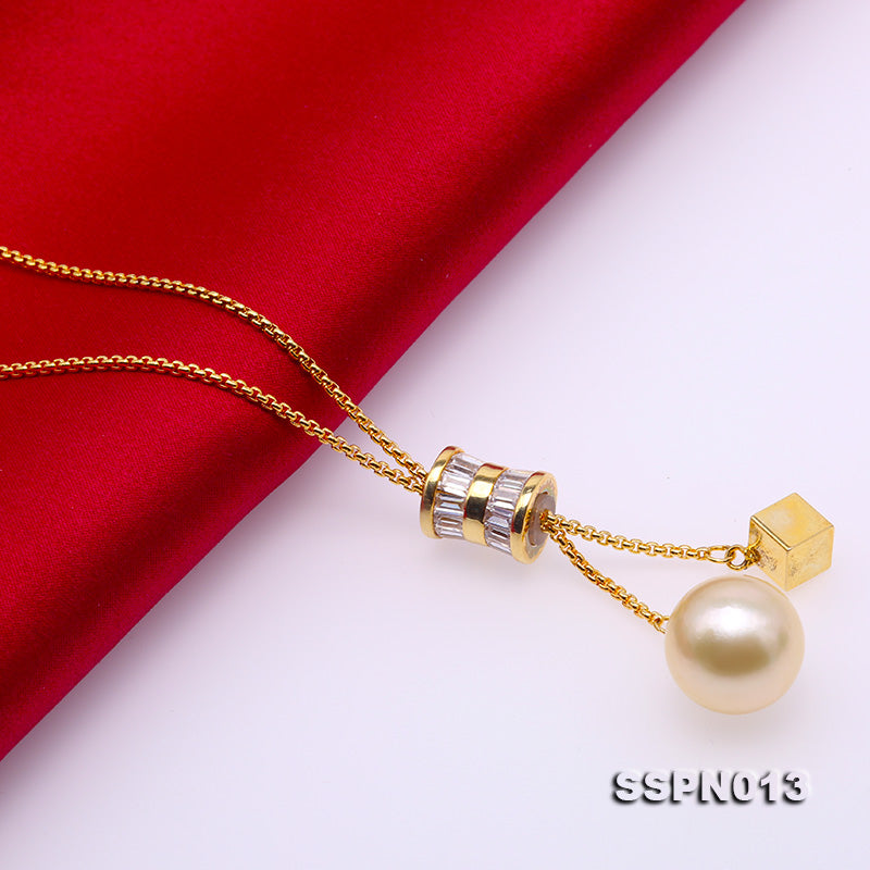 Genuine 13mm Round Golden South Sea Cultured Pearl Pendant Necklace 38" V547