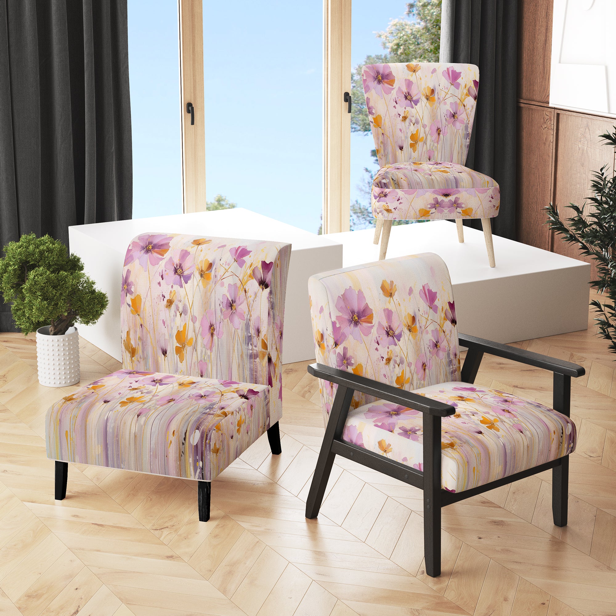 Pink Whimsical Wildflowers II Upholstered Accent Chair Q7359