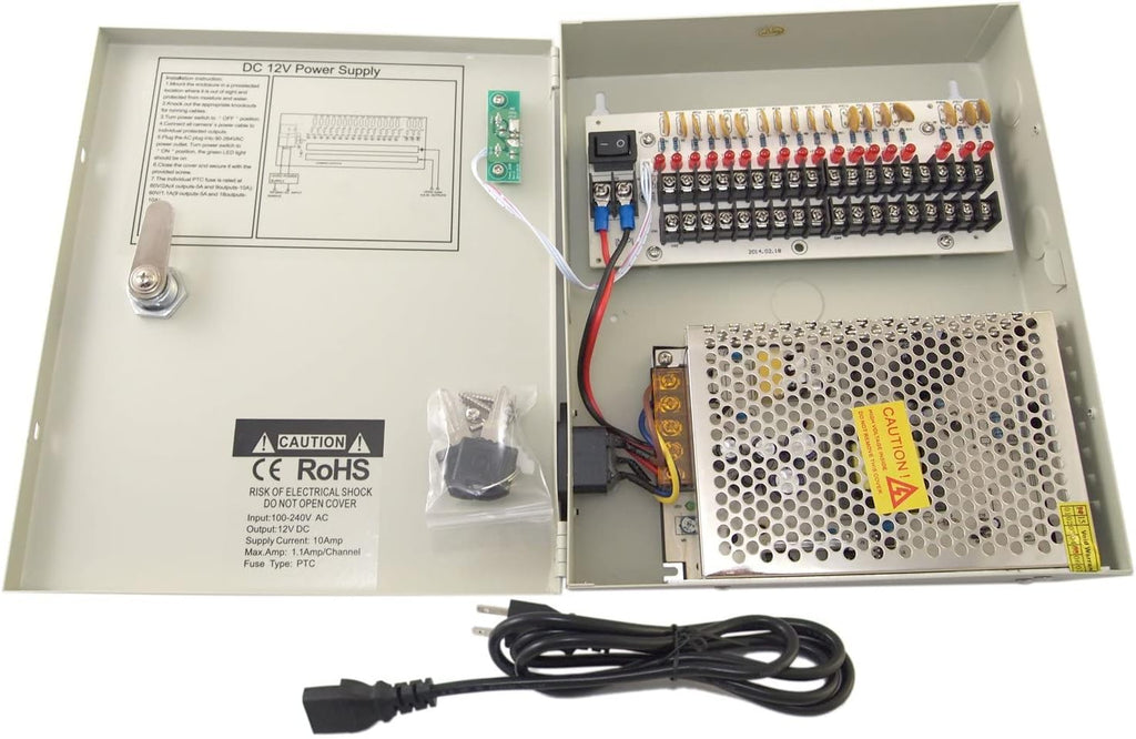 16 Channel 12 Volt DC Output CCTV Power Supply Box with 18 Pcs. DC Male Pigtail T432276