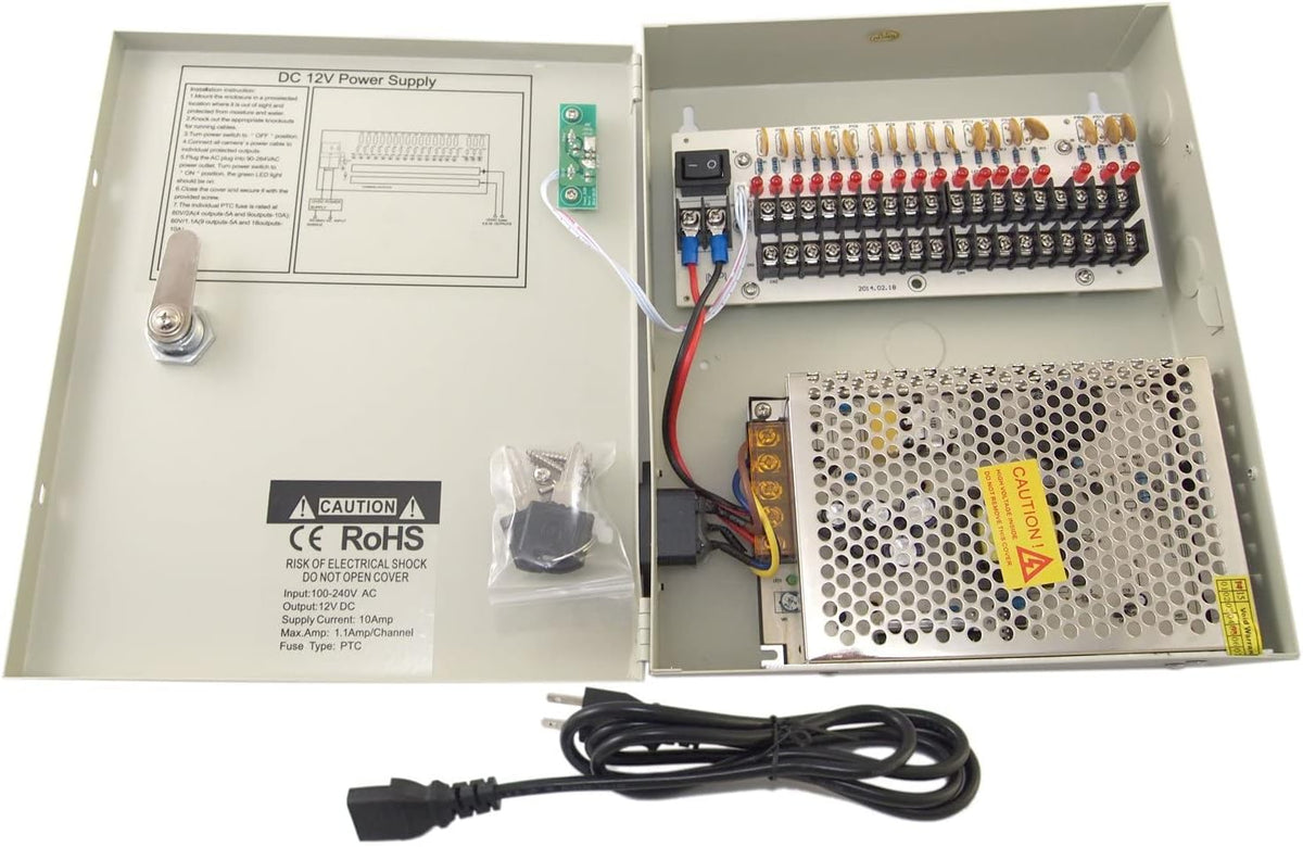 16 Channel 12 Volt DC Output CCTV Power Supply Box with 18 Pcs. DC Male Pigtail T432276