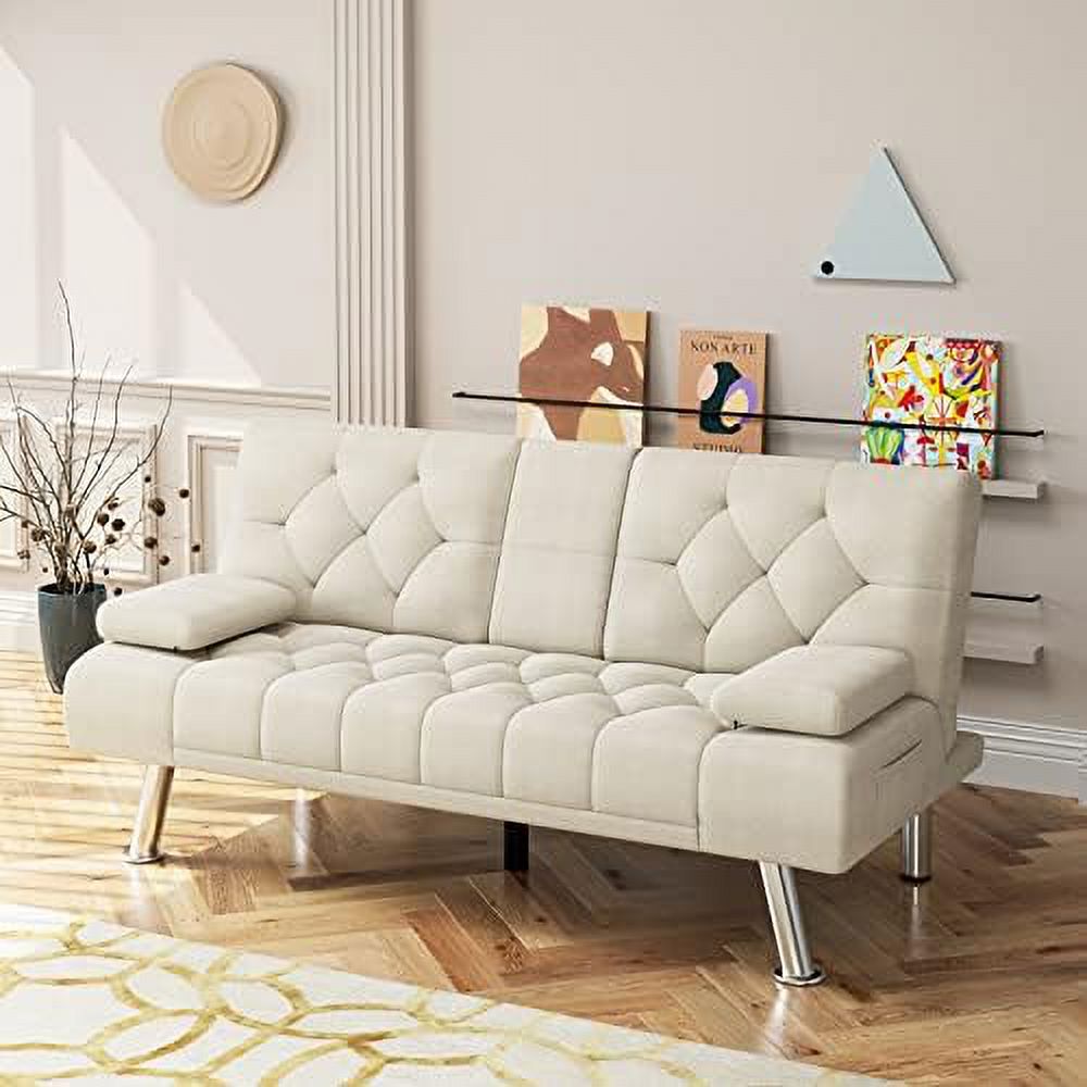 Dark Grey Upholstered Convertible Futon Sofa Bed with Metal Legs P141078