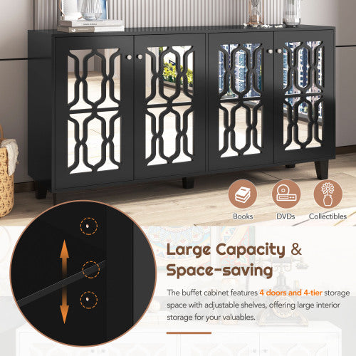 Black 4-Door Mirror Hollow-Carved Buffet Cabinet with Adjustable Shelves W9644